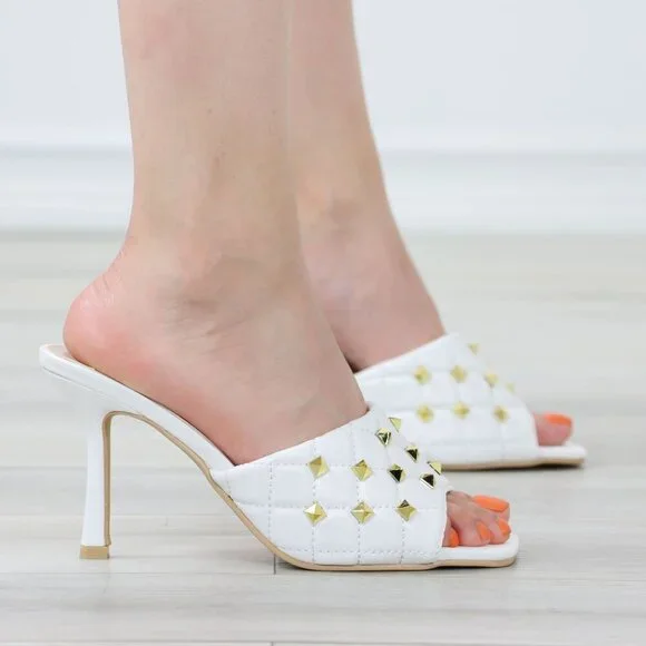 White High Heel Sandals Square Open Toe Slip On Mules Stiletto's - Picture 3 of 15